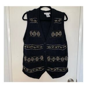 Victoria Jones Vtg 90s  Black and Gold Knit Sweater vest Bling Beaded Sz Medium